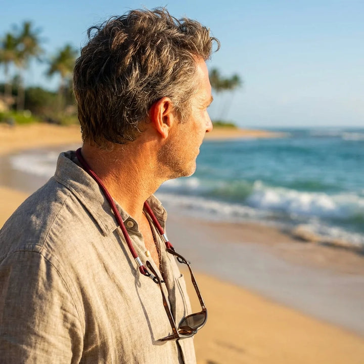 Correa para lentes reciclada burdeo en playa lentes colgando cuello Bonoboss #color_burdeo