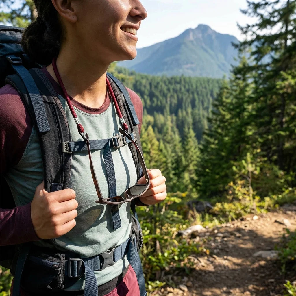 Correa para lentes reciclada burdeo hiking activo montaña Bonoboss #color_burdeo