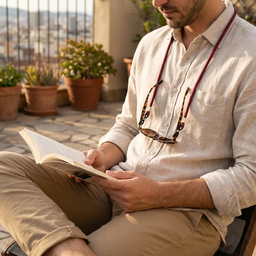 Correa para lentes reciclada burdeo leyendo en terraza exterior Bonoboss #color_burdeo