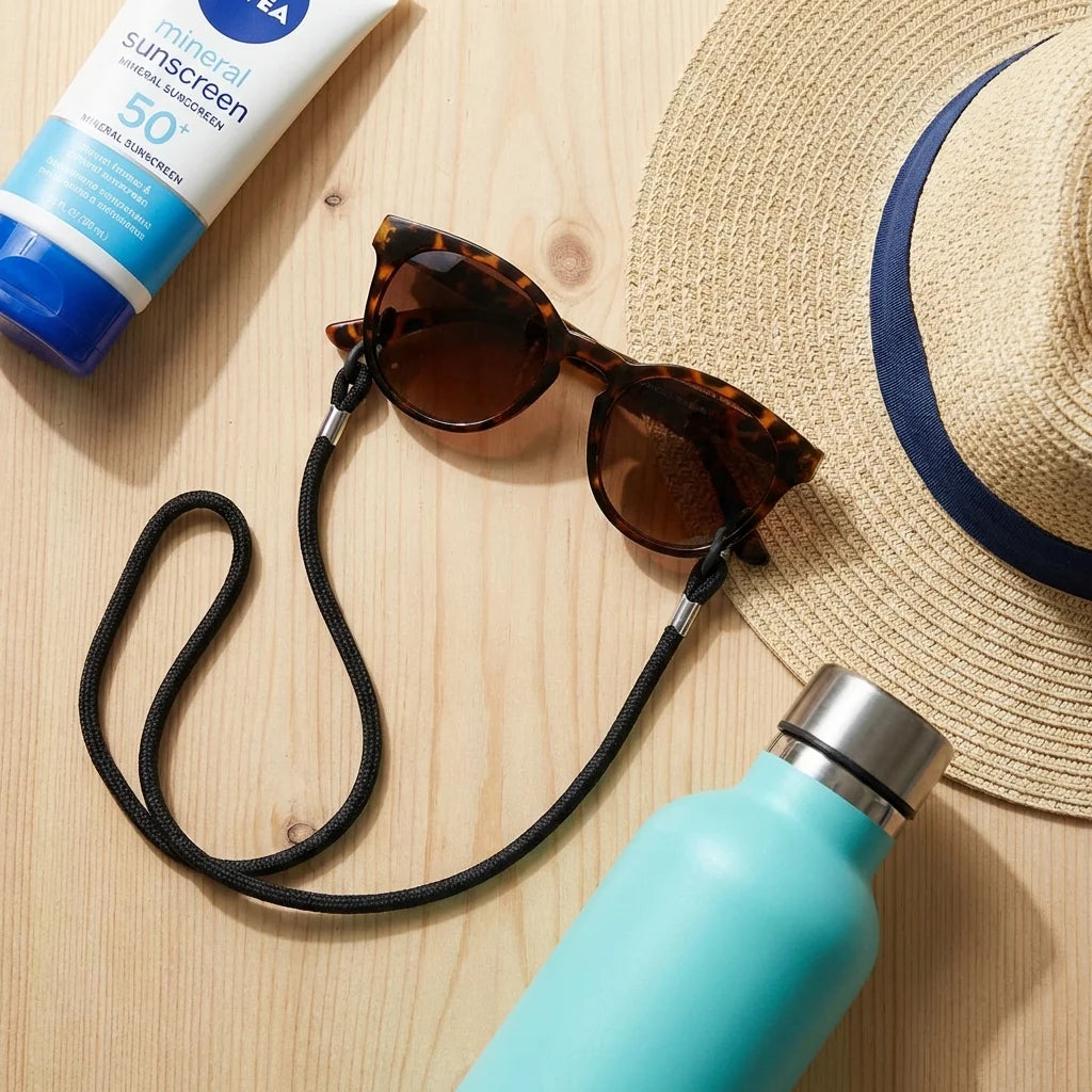 Correa para lentes reciclada negro flat lay esenciales de verano Bonoboss #color_negro