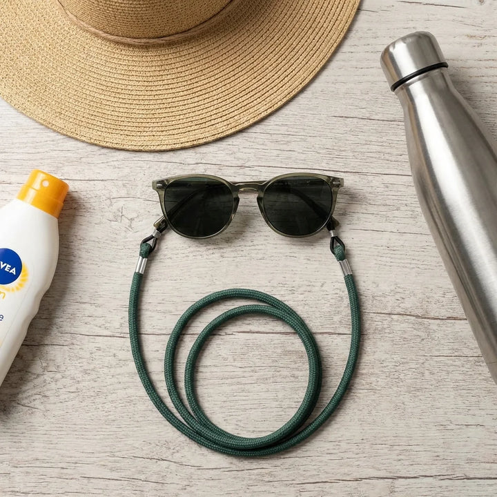 Correa para lentes reciclada verde-oscuro flat lay esenciales de verano Bonoboss #color_verde-oscuro