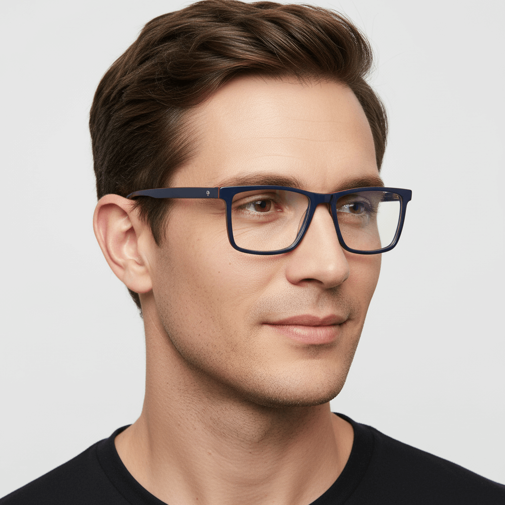 anteojos opticos rectangulares vista angulada de color azul con borde rojo y azul para hombre #color_azul