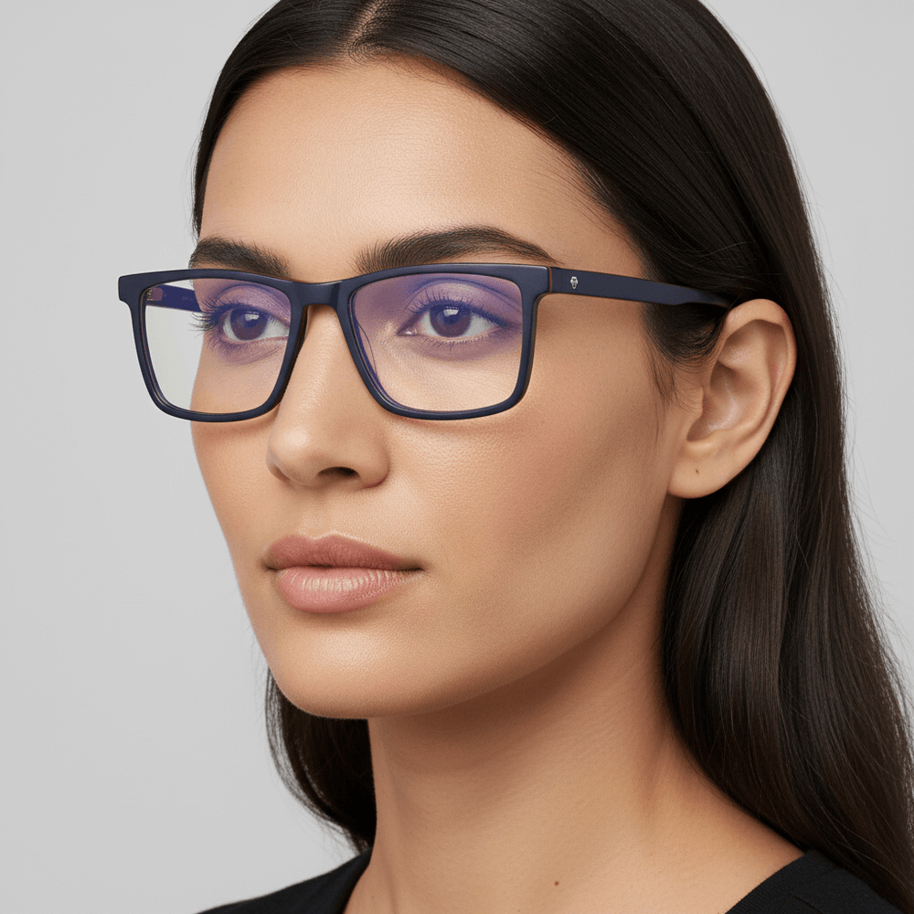 la vista frontal de un hombre sonriendo usando armazones opticos con receta de color azul bonoboss en acetato sustentable reciclado #color_azul