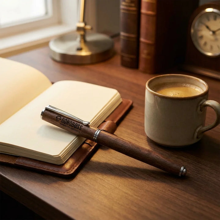Lápiz de madera premium sobre escritorio con notebook y café Bonoboss