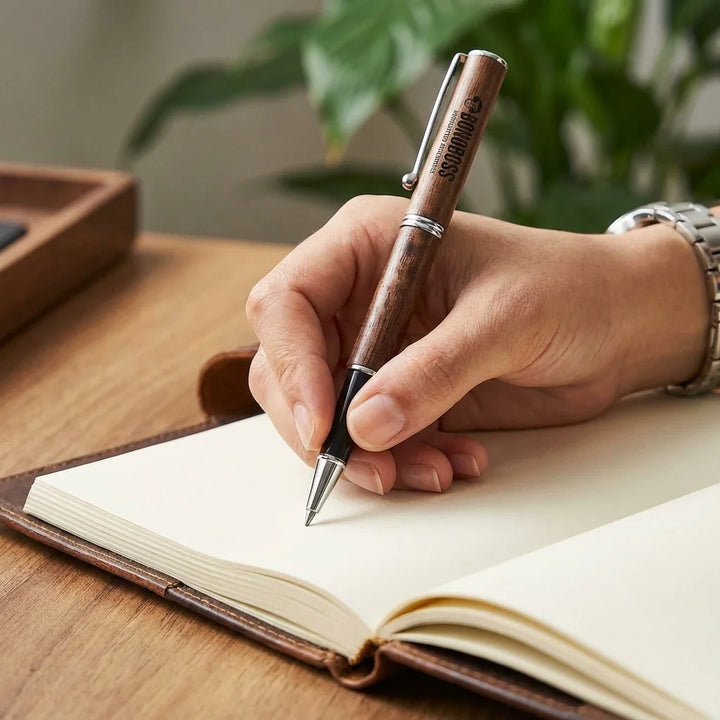Lápiz de madera premium mano escribiendo en journal close-up Bonoboss