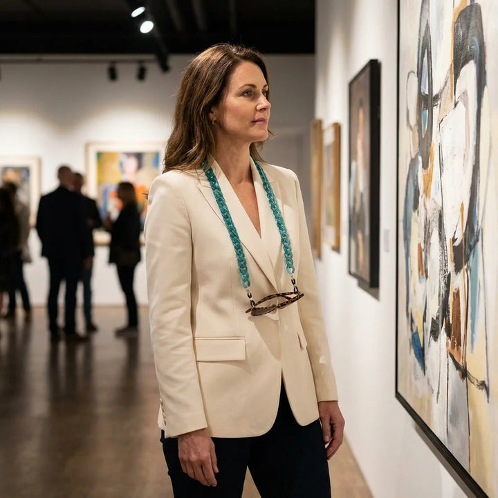 Cadena de acetato reciclado para lentes calipso en galería de arte sofisticado Bonoboss #color_calipso