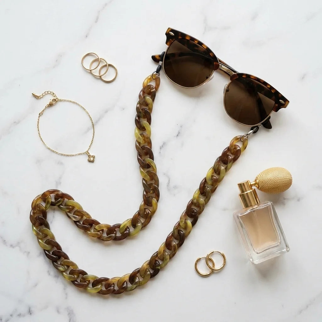 Cadena de acetato reciclado para lentes carey flat lay accesorios moda mármol Bonoboss #color_carey