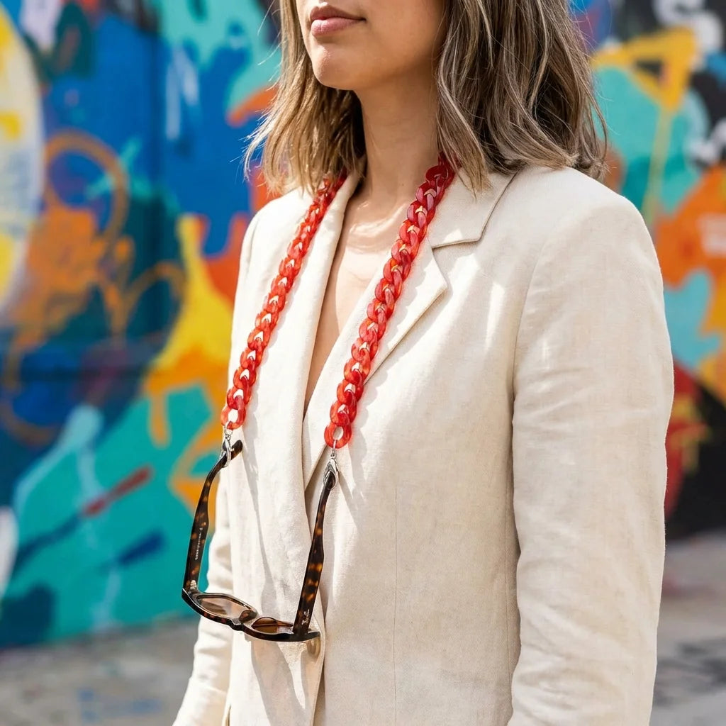 Cadena de acetato reciclado para lentes rojo fondo urbano artístico galería Bonoboss #color_rojo