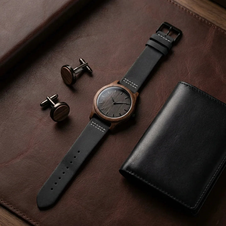 Correa de cuero para reloj flat lay accesorios masculinos cuero Bonoboss