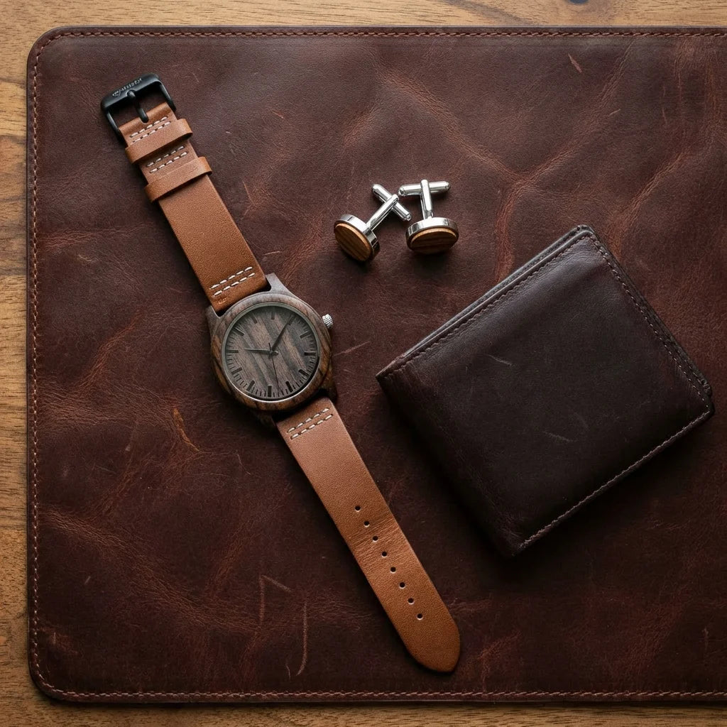 Correa de cuero para reloj flat lay accesorios masculinos cuero Bonoboss