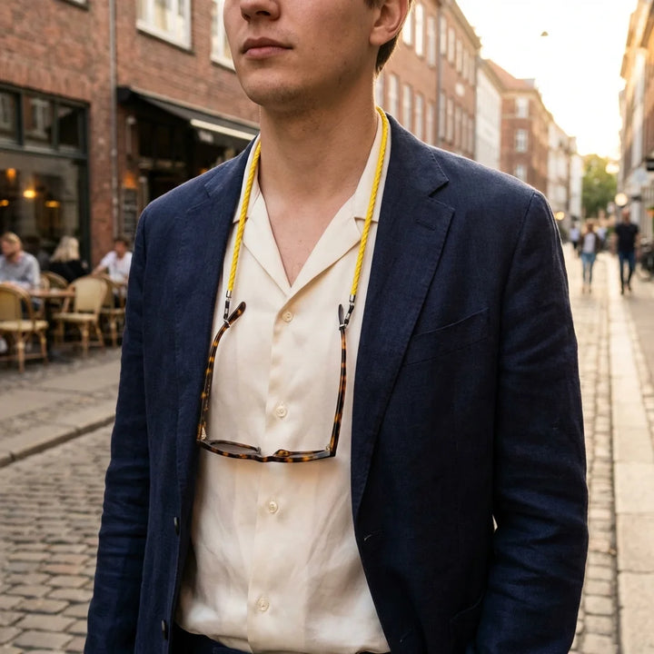 Correa para lentes trenzada ecocuero amarilla en uso 1 Bonoboss #color_amarillo