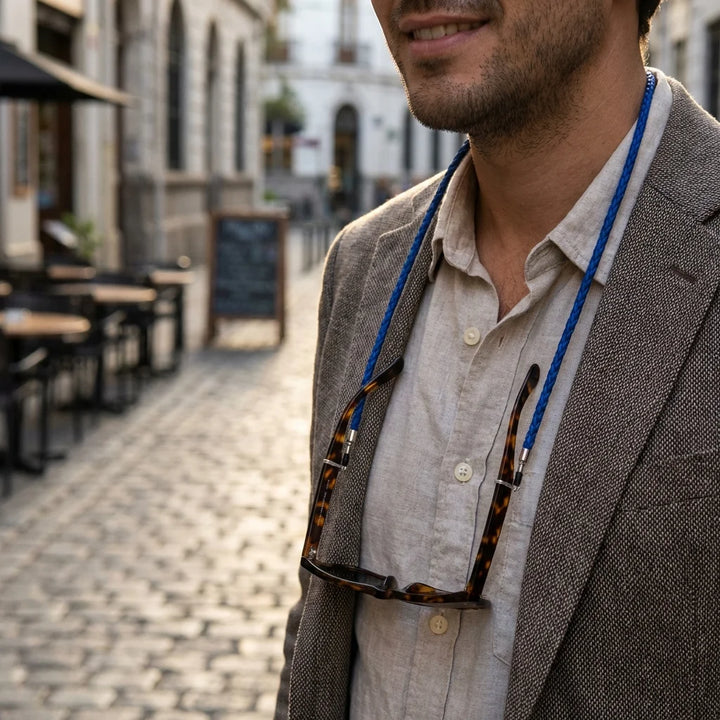 Correa para lentes trenzada ecocuero azul en uso 1 Bonoboss #color_azul