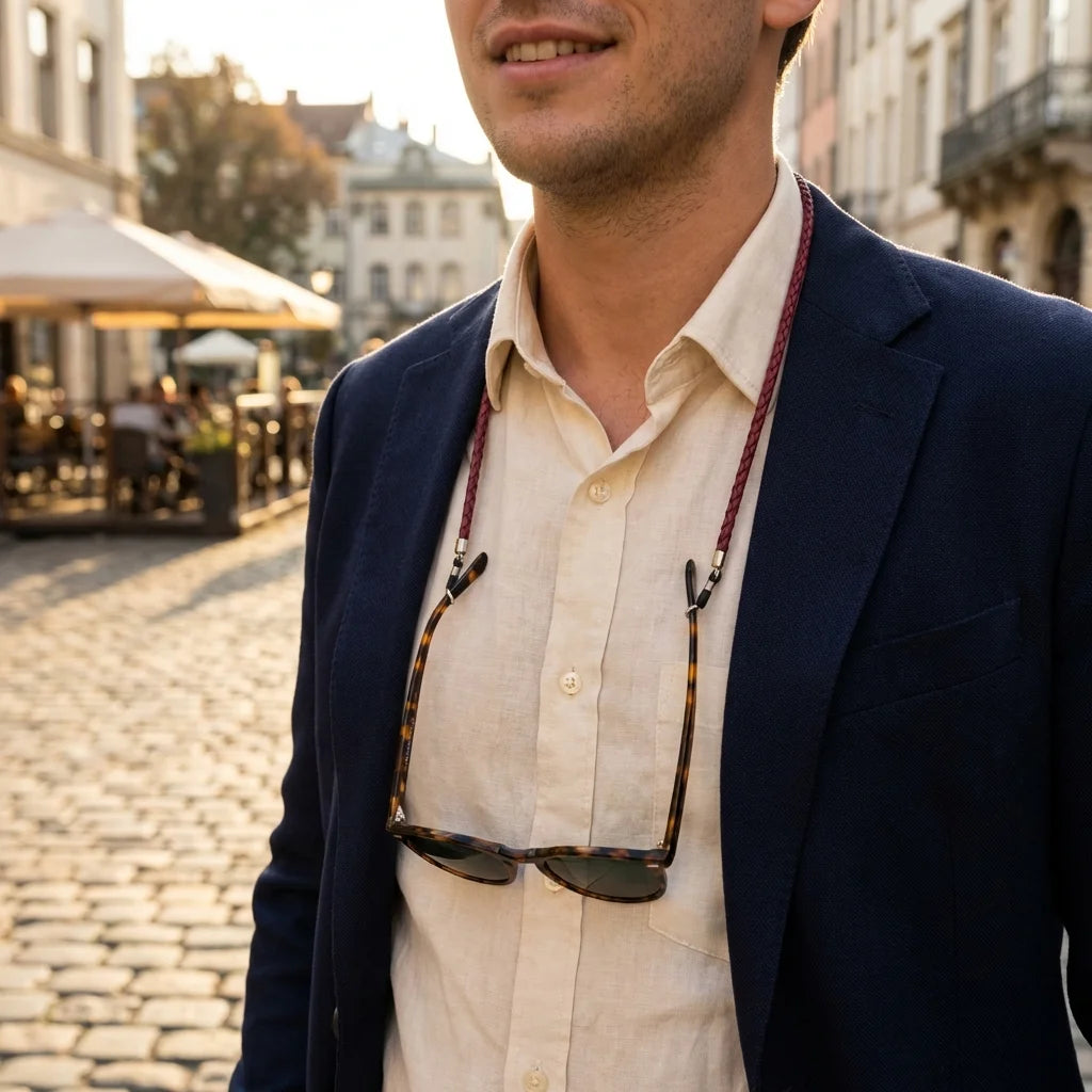 Correa para lentes trenzada ecocuero burdeo en uso 1 Bonoboss #color_burdeo