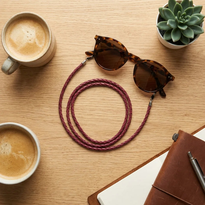 Correa para lentes trenzada ecocuero burdeo en uso 2 Bonoboss #color_burdeo