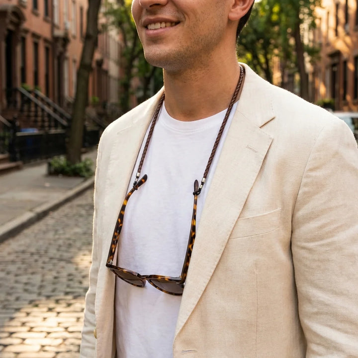 Correa para lentes trenzada ecocuero café en uso 1 Bonoboss #color_brown