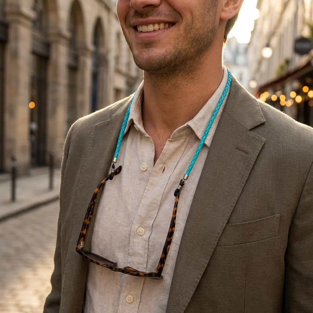 Correa para lentes trenzada ecocuero calipso en uso 1 Bonoboss #color_calipso