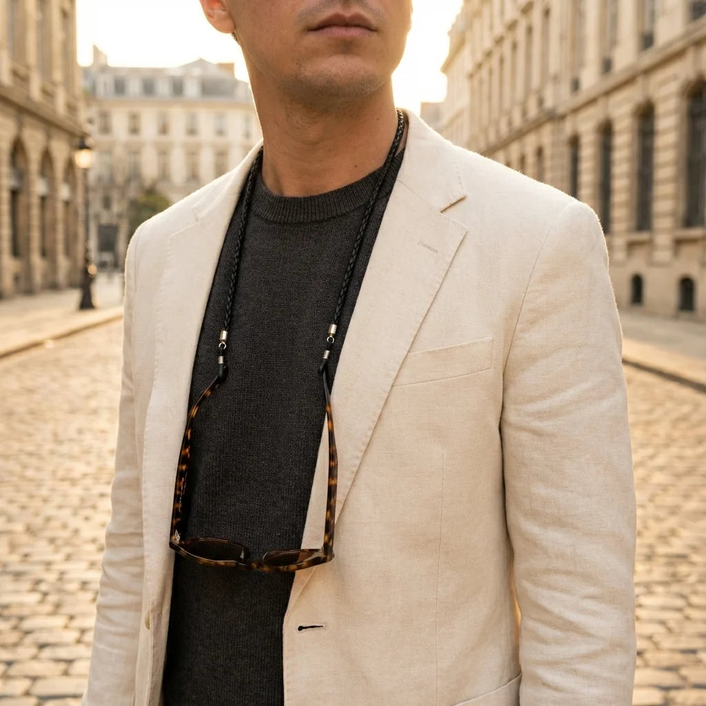 Correa para lentes trenzada ecocuero negra en uso 1 Bonoboss #color_negro