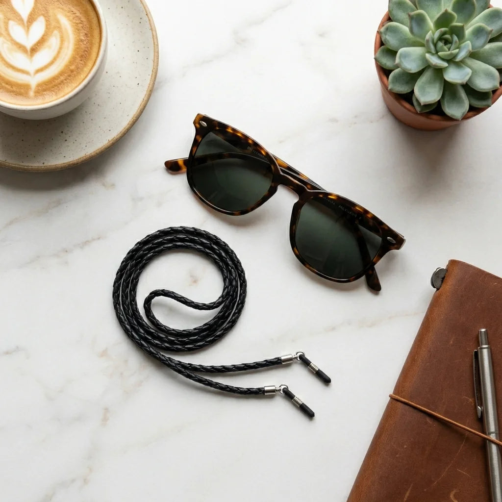 Correa para lentes trenzada ecocuero negra en uso 2 Bonoboss #color_negro