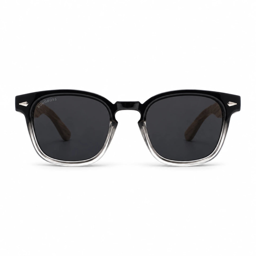 Lentes de sol Bonoboss Creta Negro vista frontal varillas de madera #editorial_frontal #color_negro
