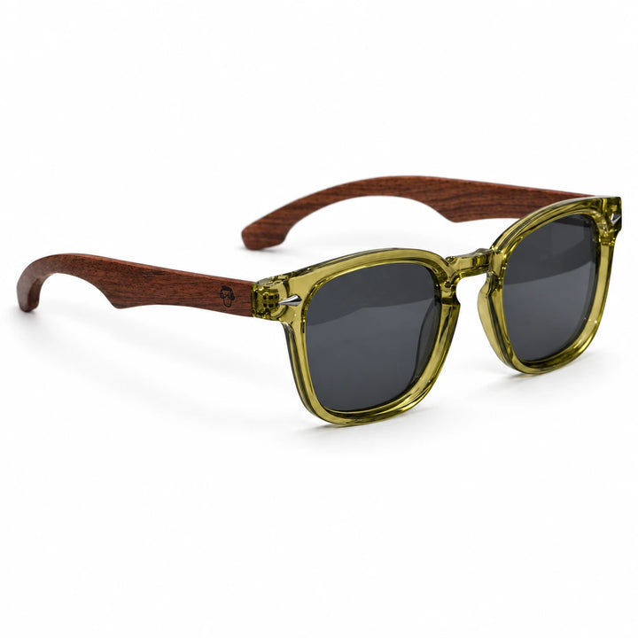 Lentes de sol Bonoboss Creta Olive vista tres cuartos varillas de madera #editorial_angulo45 #color_olive