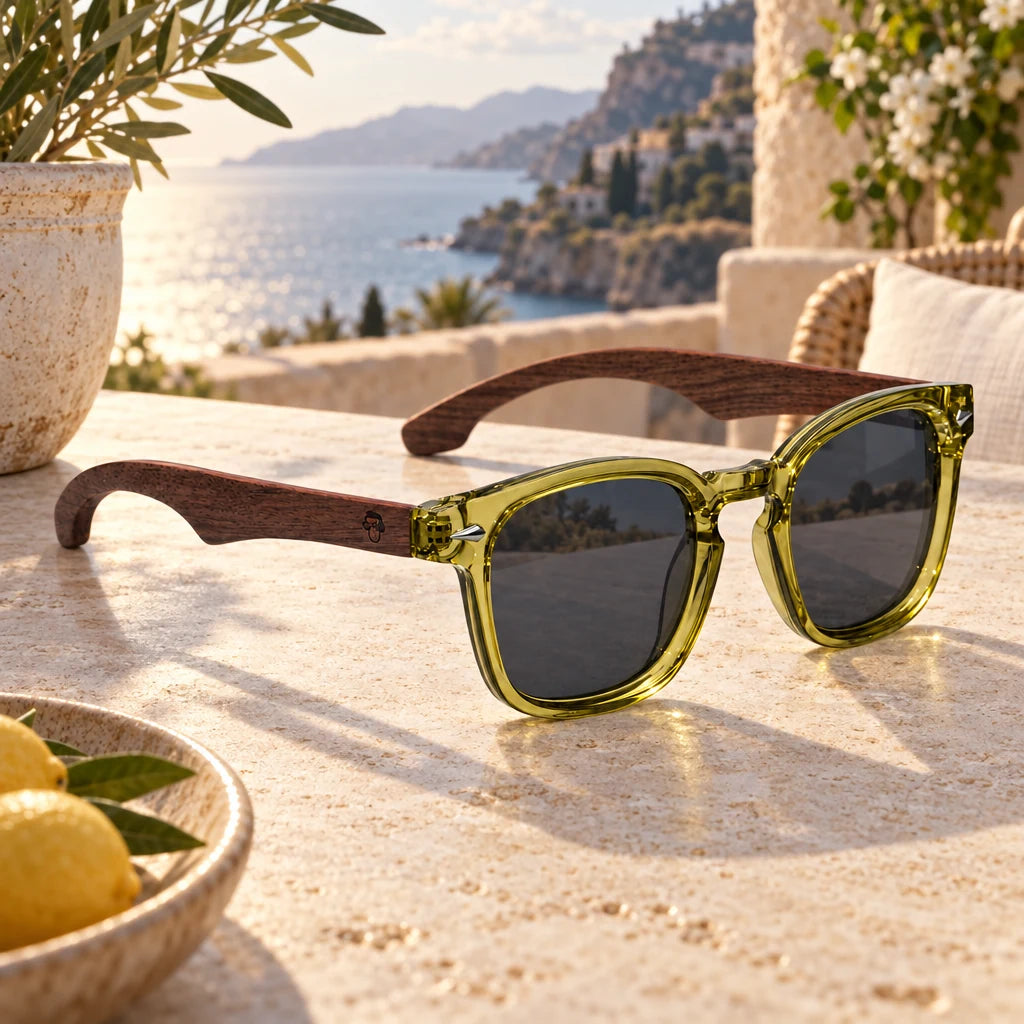 Lentes de sol Bonoboss Creta Olive sobre mesa de mármol en terraza de café #editorial_grid1 #color_olive
