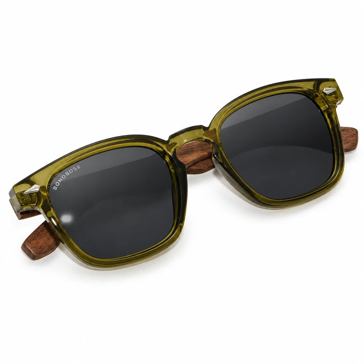 Lentes de sol Bonoboss Creta Olive armazón plegado vista superior varillas de madera #editorial_plegado #color_olive