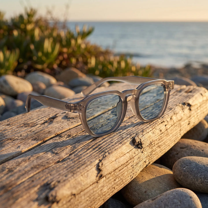 Lentes de sol Bonoboss Damero Blue sobre madera y rocas junto al mar al atardecer #editorial_grid2 #color_blue