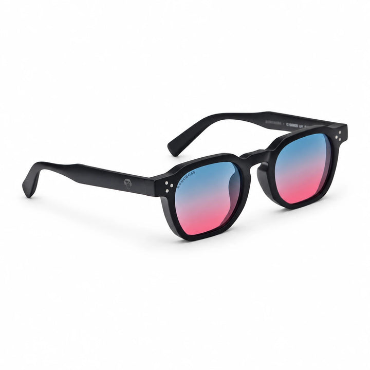 Lentes de sol Bonoboss Damero Pink vista tres cuartos armazón plástico reciclado RPET #editorial_angulo45 #color_pink