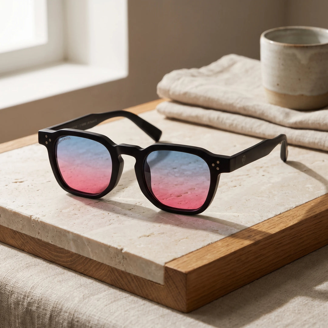 Lentes de sol Bonoboss Damero Pink sobre piedra y roble con luz de ventana #editorial_sustentabilidad #color_pink