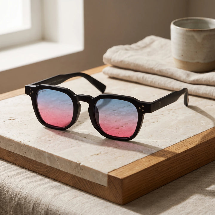 Lentes de sol Bonoboss Damero Pink sobre piedra y roble con luz de ventana #editorial_sustentabilidad #color_pink