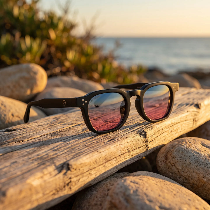 Lentes de sol Bonoboss Damero Pink sobre madera y rocas junto al mar al atardecer #editorial_grid2 #color_pink