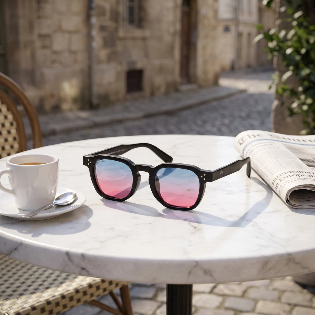 Lentes de sol Bonoboss Damero Pink sobre mesa de mármol en terraza de café #editorial_grid1 #color_pink