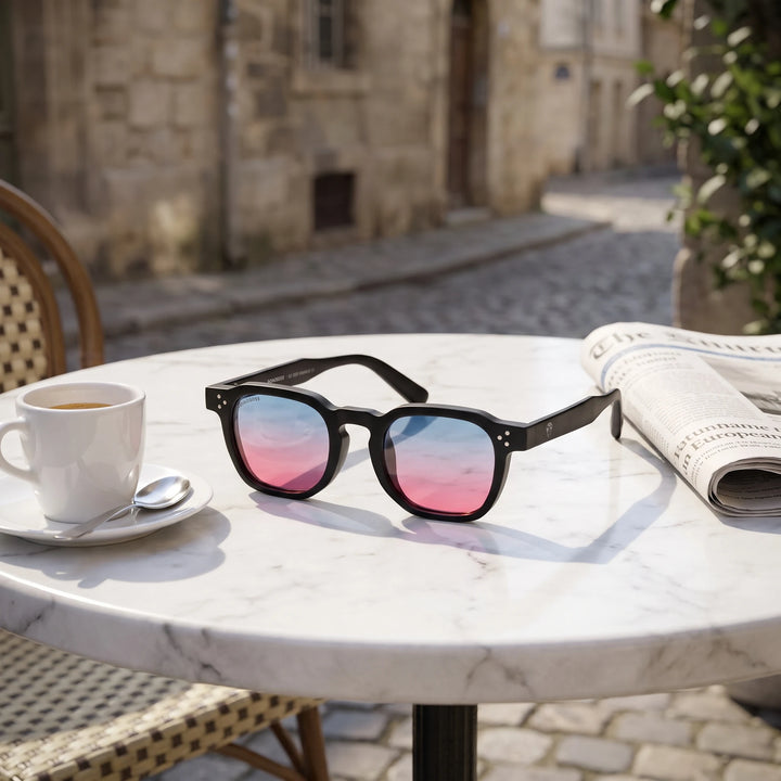Lentes de sol Bonoboss Damero Pink sobre mesa de mármol en terraza de café #editorial_grid1 #color_pink