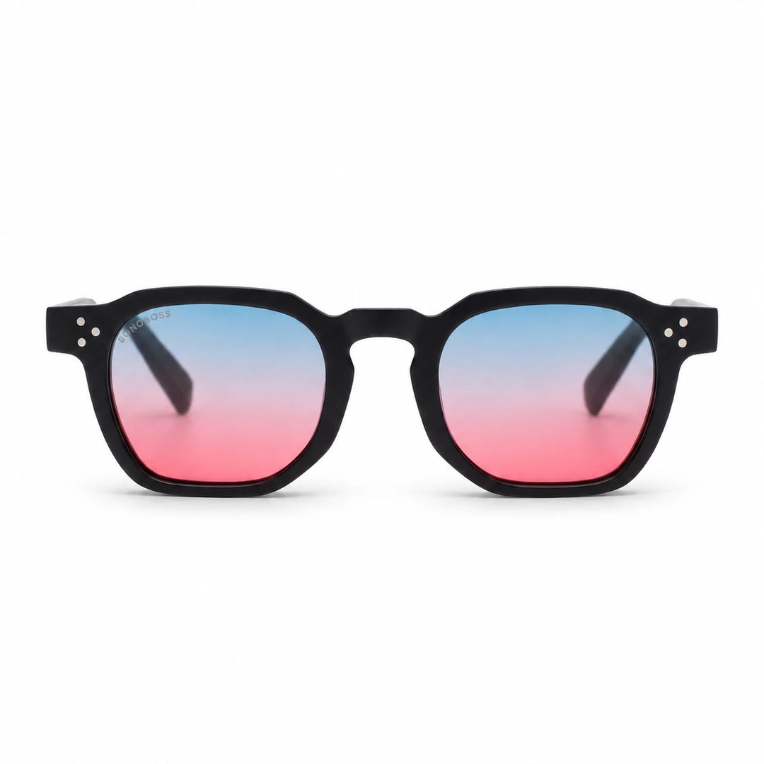 Lentes de sol Bonoboss Damero Pink vista frontal armazón plástico reciclado RPET #editorial_frontal #color_pink