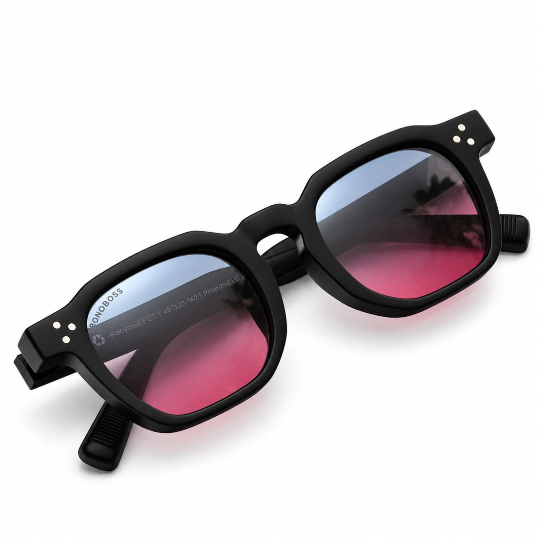 Lentes de sol Bonoboss Damero Pink armazón plegado vista superior armazón plástico reciclado RPET #editorial_plegado #color_pink