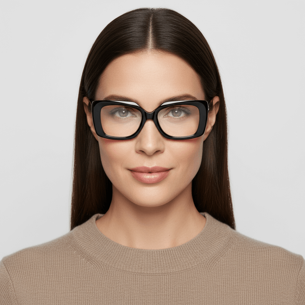 la vista lateral de una mujer de cara ovalada y pelo liso largo suelto usando unos armazones marcos opticos sustentables en acetato reciclado Bonoboss de forma rectangular oversized grandes de #color_honey-green