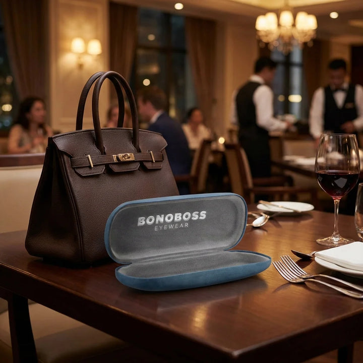 Estuche almeja para lentes azul en mesa de restaurante Bonoboss #color_azul