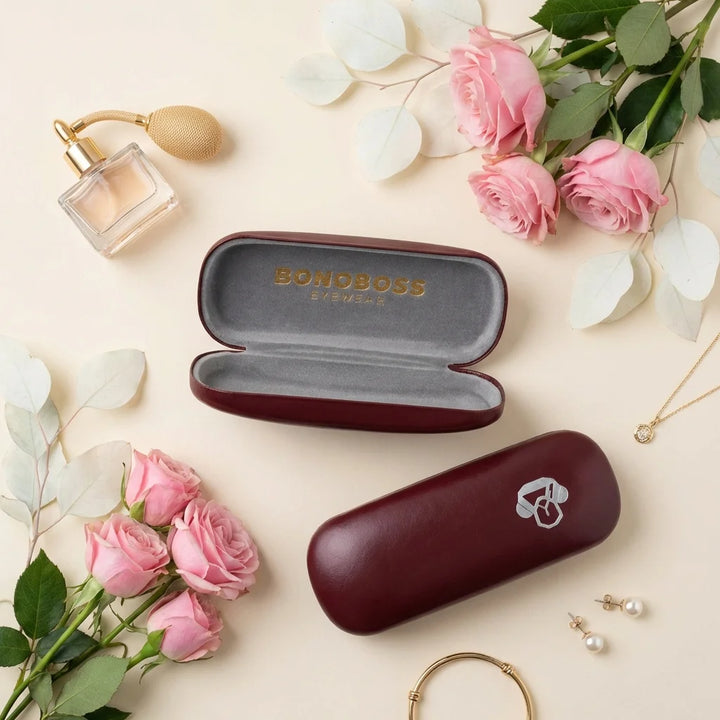 Estuche almeja para lentes burdeo flat lay femenino elegante Bonoboss #color_burdeo