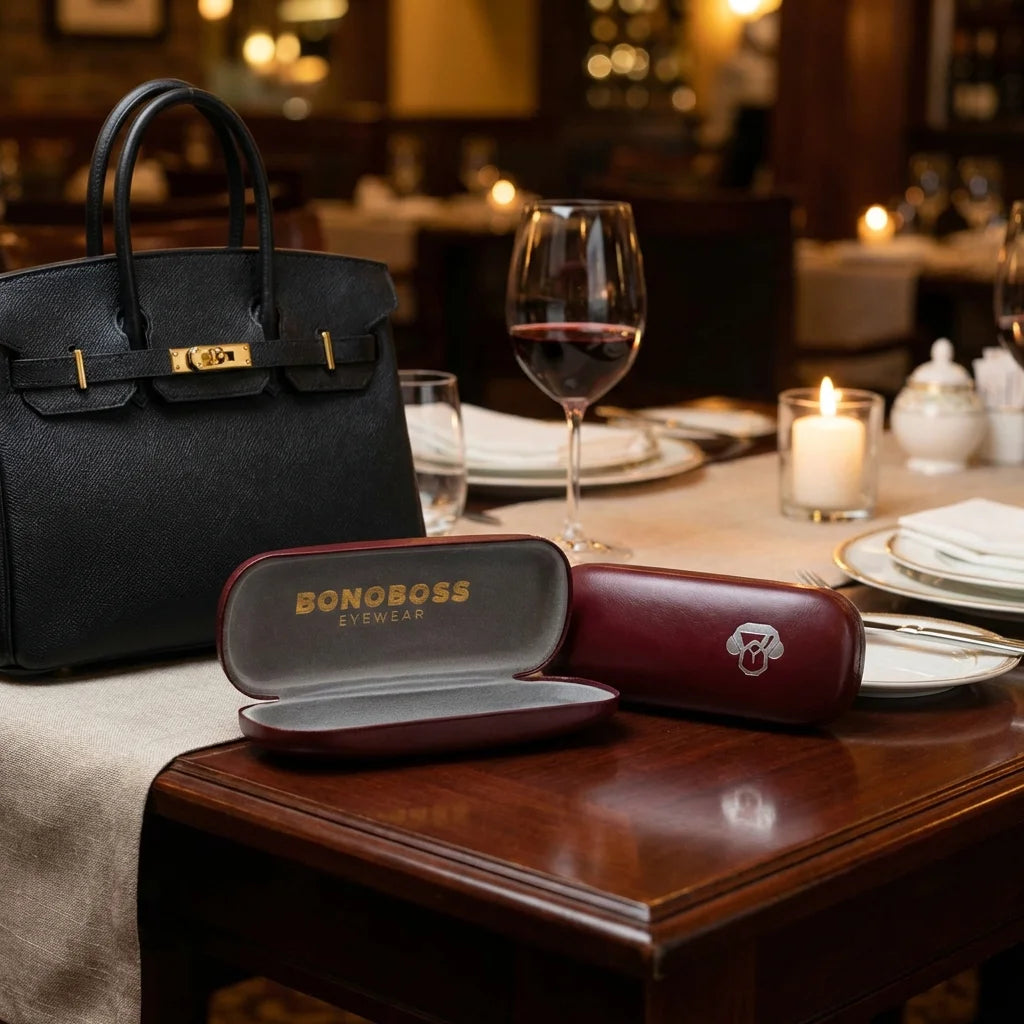 Estuche almeja para lentes burdeo en mesa de restaurante Bonoboss #color_burdeo