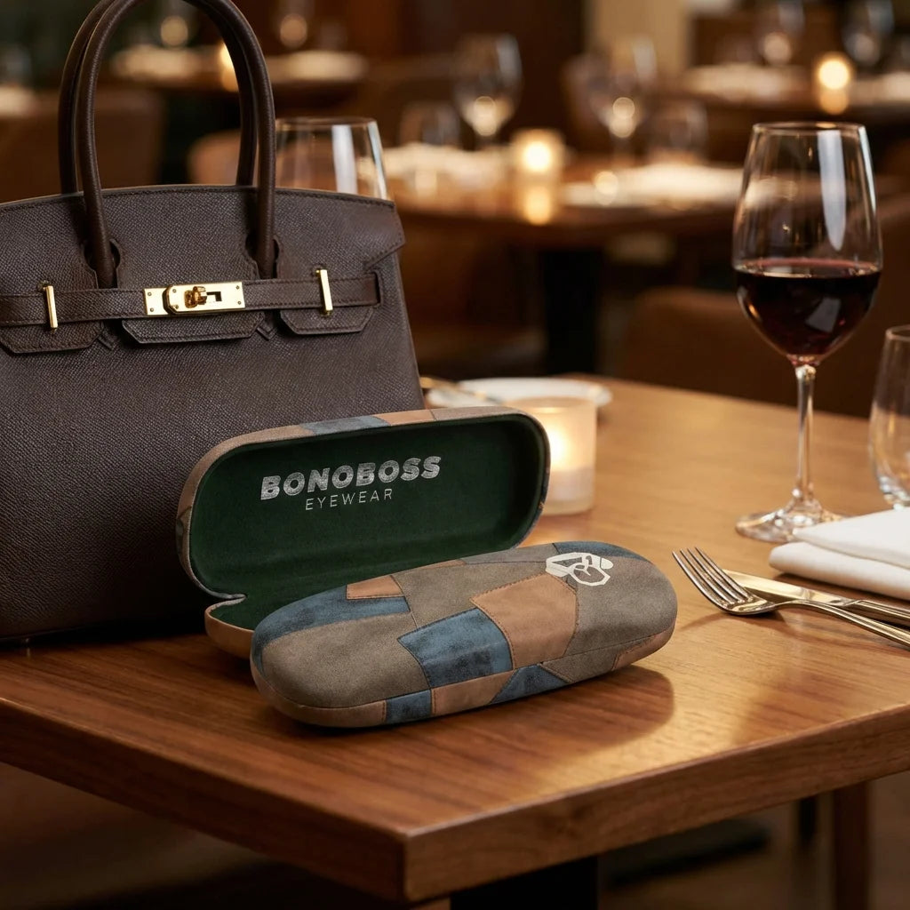 Estuche almeja para lentes cafe en mesa de restaurante Bonoboss #color_cafe