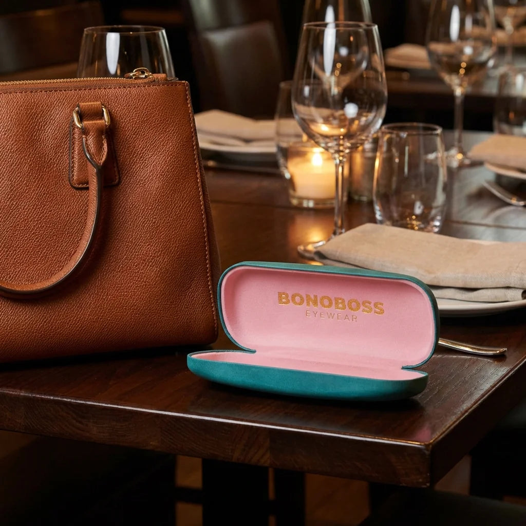 Estuche almeja para lentes calipso en mesa de restaurante Bonoboss #color_calipso