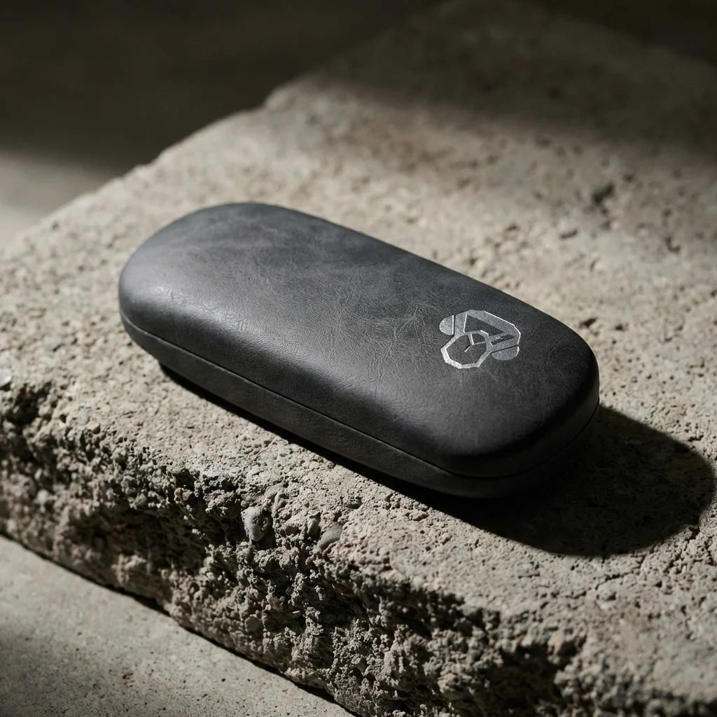 Estuche almeja para lentes negro luz lateral dramática editorial Bonoboss #color_negro