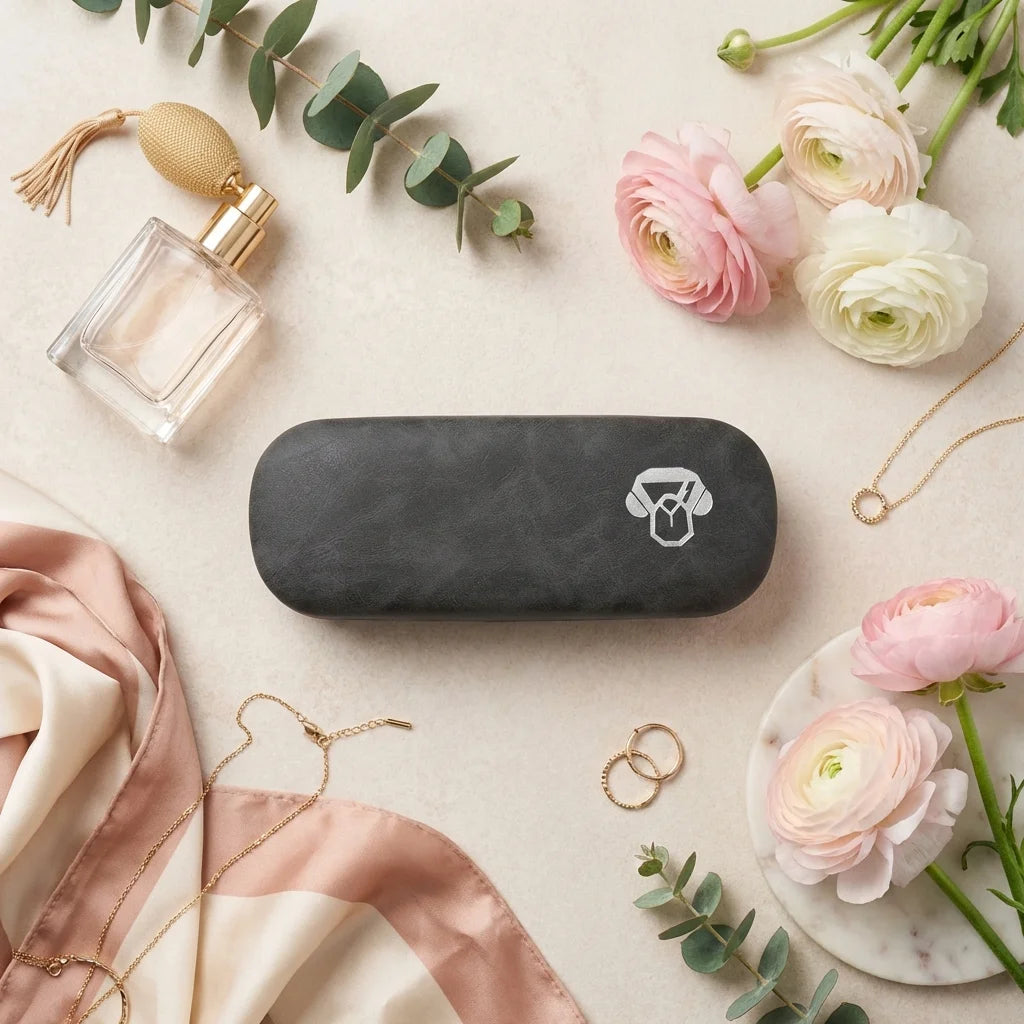 Estuche almeja para lentes negro flat lay femenino elegante Bonoboss #color_negro