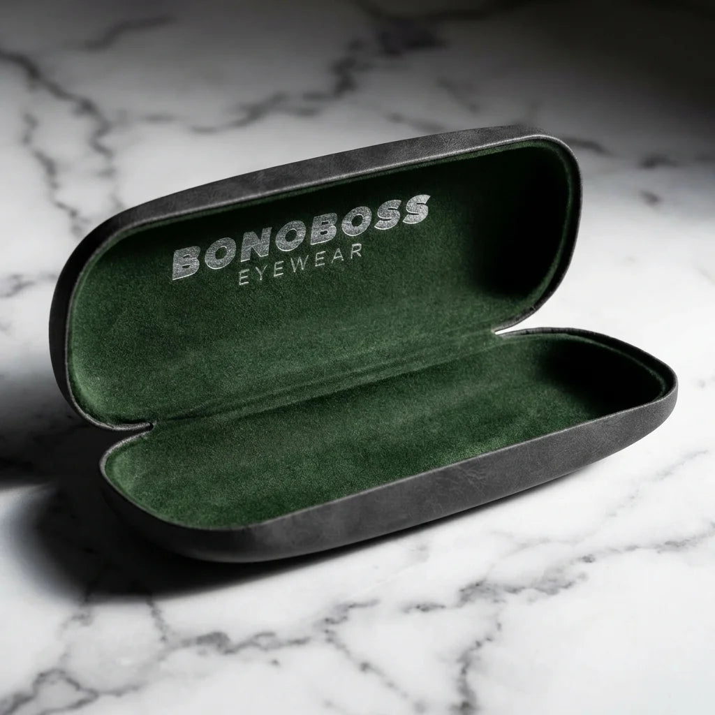 Estuche almeja para lentes negro abierto sobre mármol Bonoboss #color_negro
