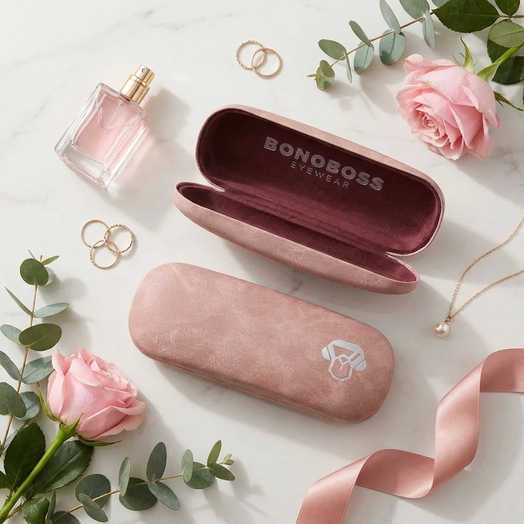 Estuche almeja para lentes rosado flat lay femenino elegante Bonoboss #color_rosado