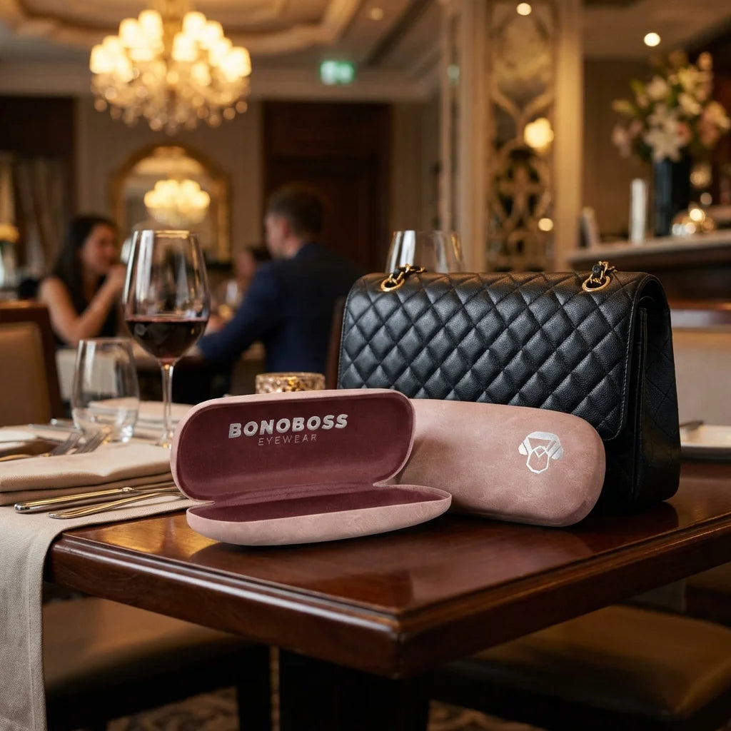 Estuche almeja para lentes rosado en mesa de restaurante Bonoboss #color_rosado