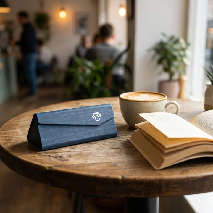 Estuche origami para lentes azul en mesa de café con libro Bonoboss #color_azul