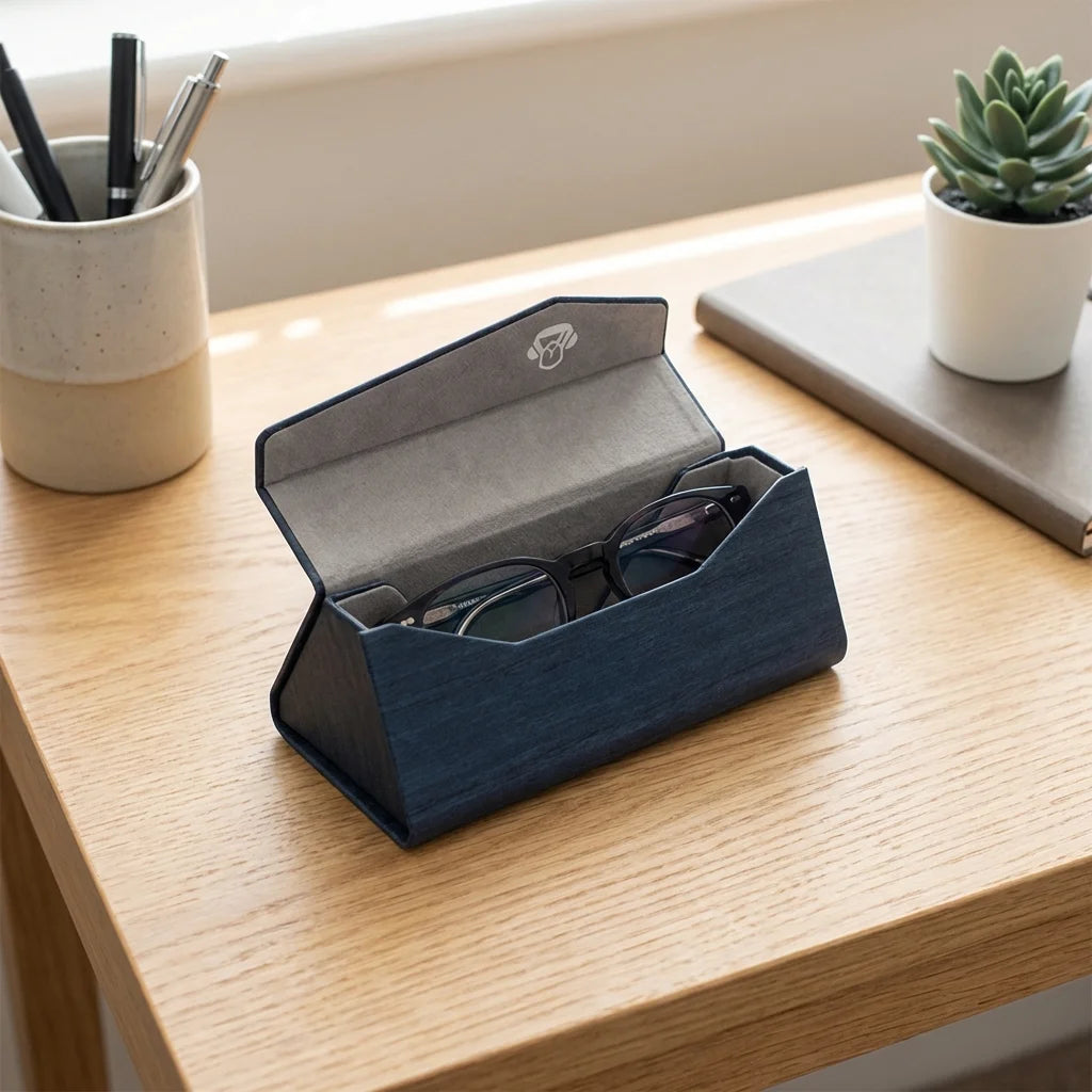 Estuche origami para lentes azul abierto en escritorio minimalista Bonoboss #color_azul