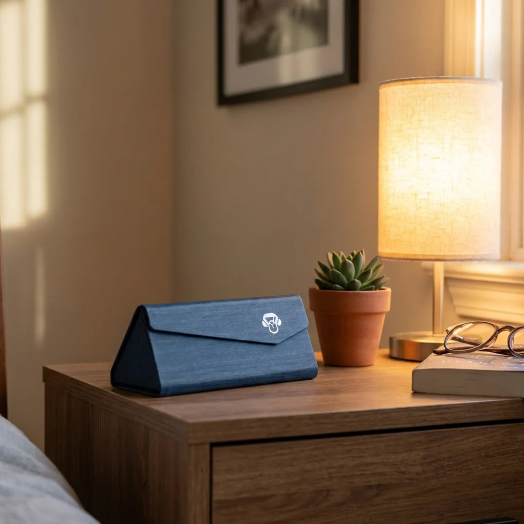 Estuche origami para lentes azul en mesita de noche Bonoboss #color_azul