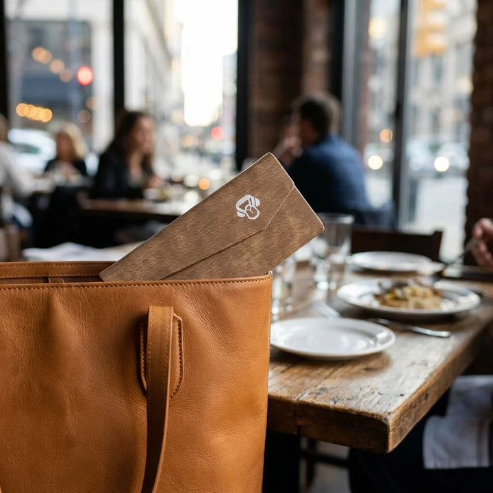 Estuche origami para lentes brown saliendo de bolso premium urbano Bonoboss #color_brown